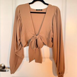 Boohoo Camel Tie-Front Blouse
